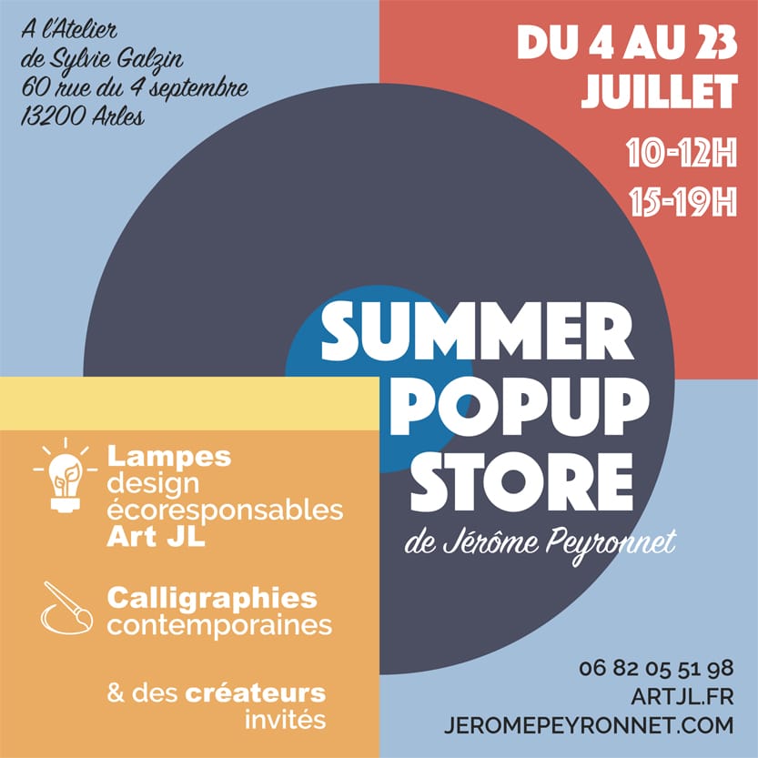 ArtJL Summer popup strore Arles juillet 2023 lampe et calligraphie contemporaine carré